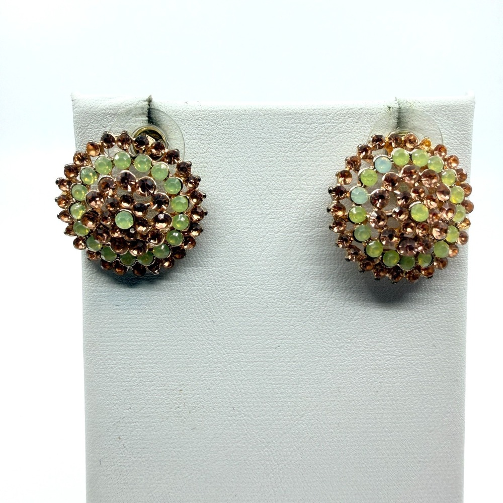 VTG Gold Tone Champagne Lime Green Rhinestone Cluster Post Earrings